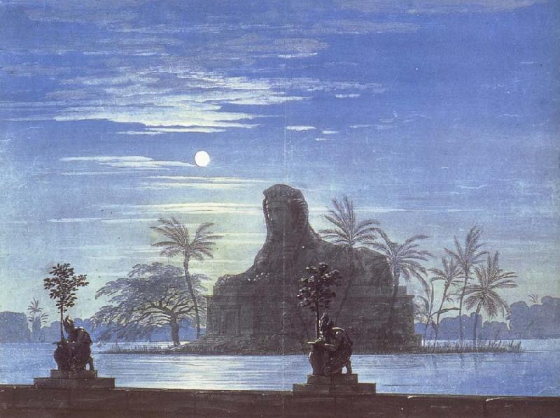 Karl friedrich schinkel The Garden of Sarastro by Moonlight with Sphinx,decor for Mozart-s opera Die Zauberflote France oil painting art